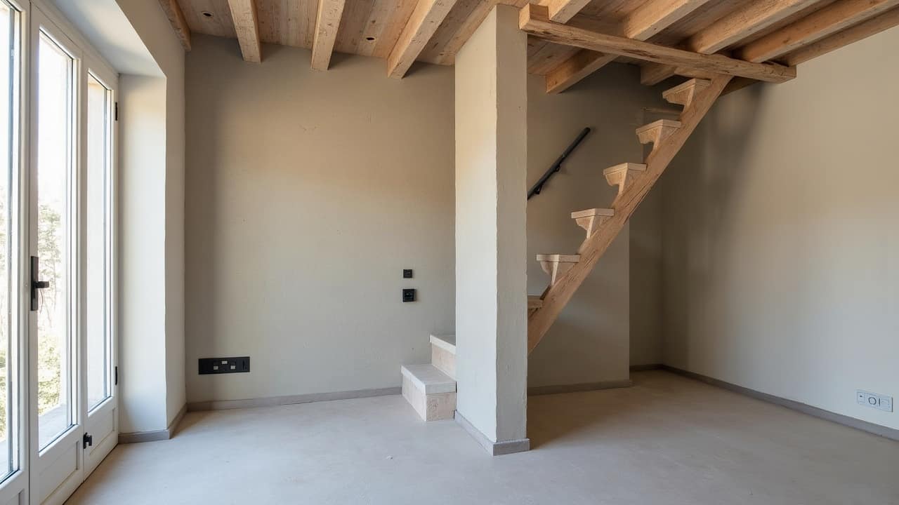 Hall d'immeuble avec sol en béton ciré gris clair dans un immeuble récent de l'agglomération toulousaine