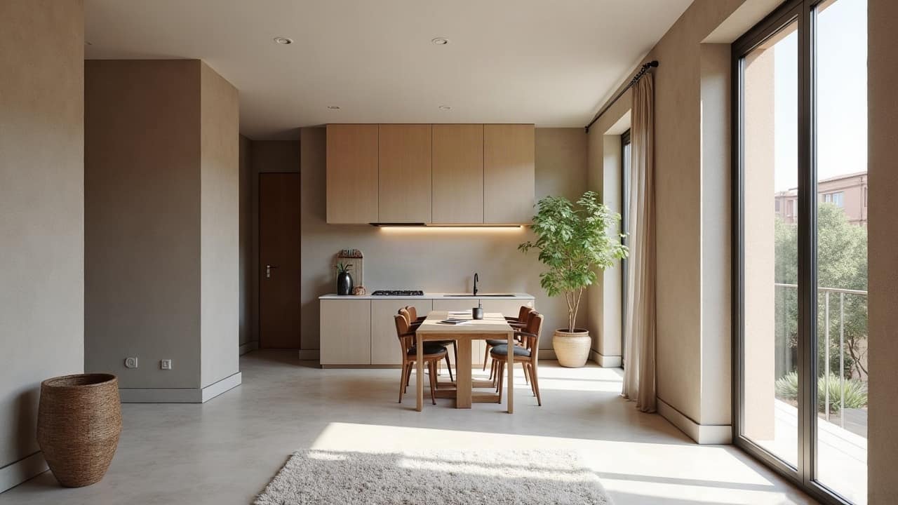 Sol en béton ciré gris minéral fini dans un séjour d'une maison de la région muretaine