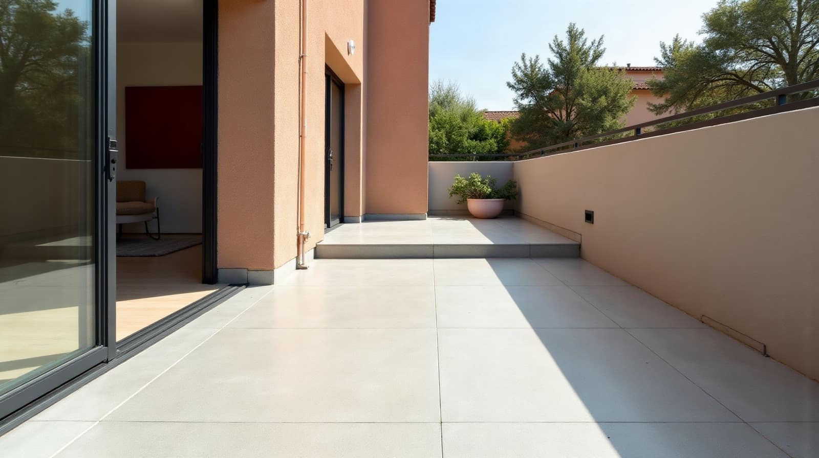 Gros plan sur une terrasse en béton ciré finie sous un soleil rasant, ombre nette d'une balustrade en arrière-plan