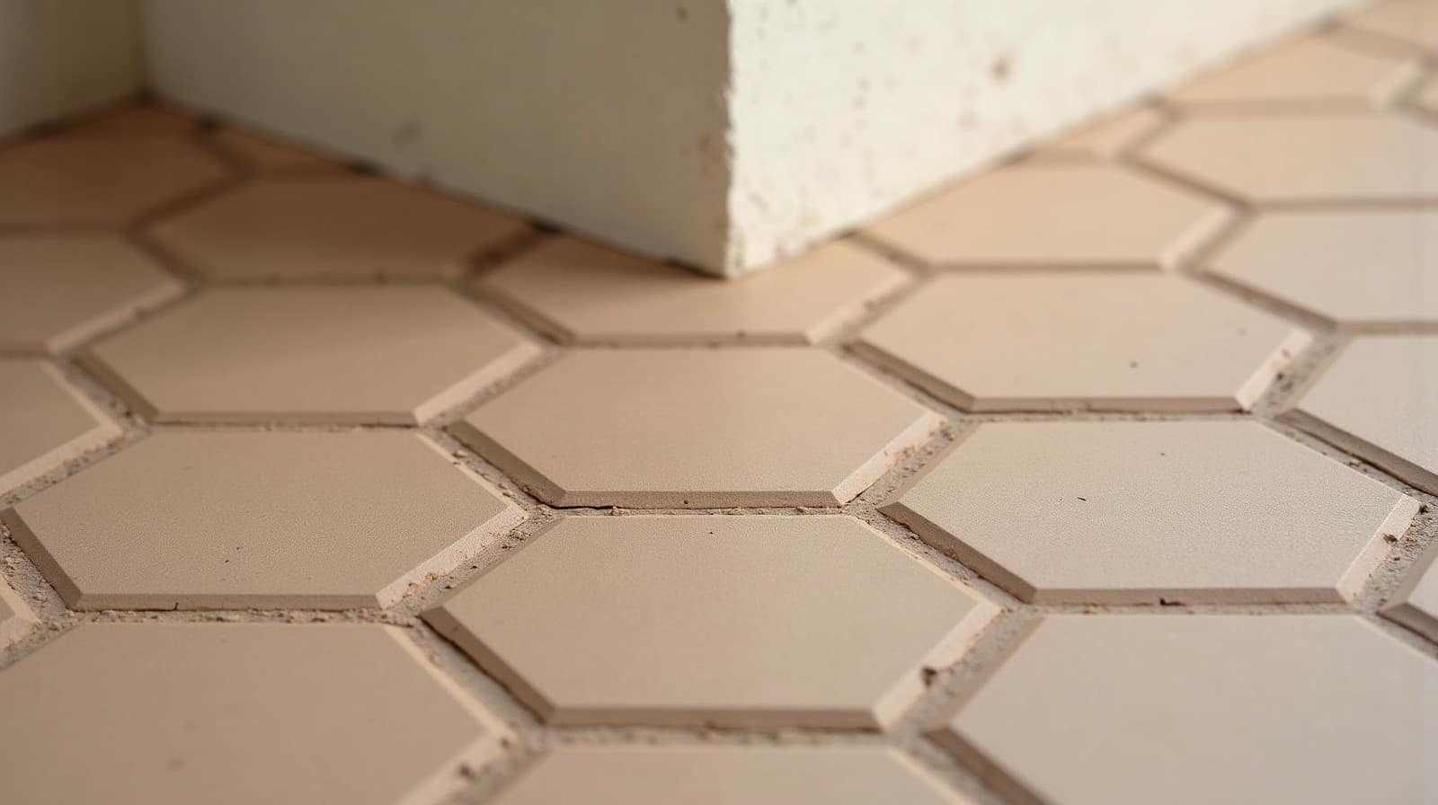Tomettes hexagonales anciennes en terre cuite dans un appartement toulousain, patine de la surface révélée par une lumière rasante