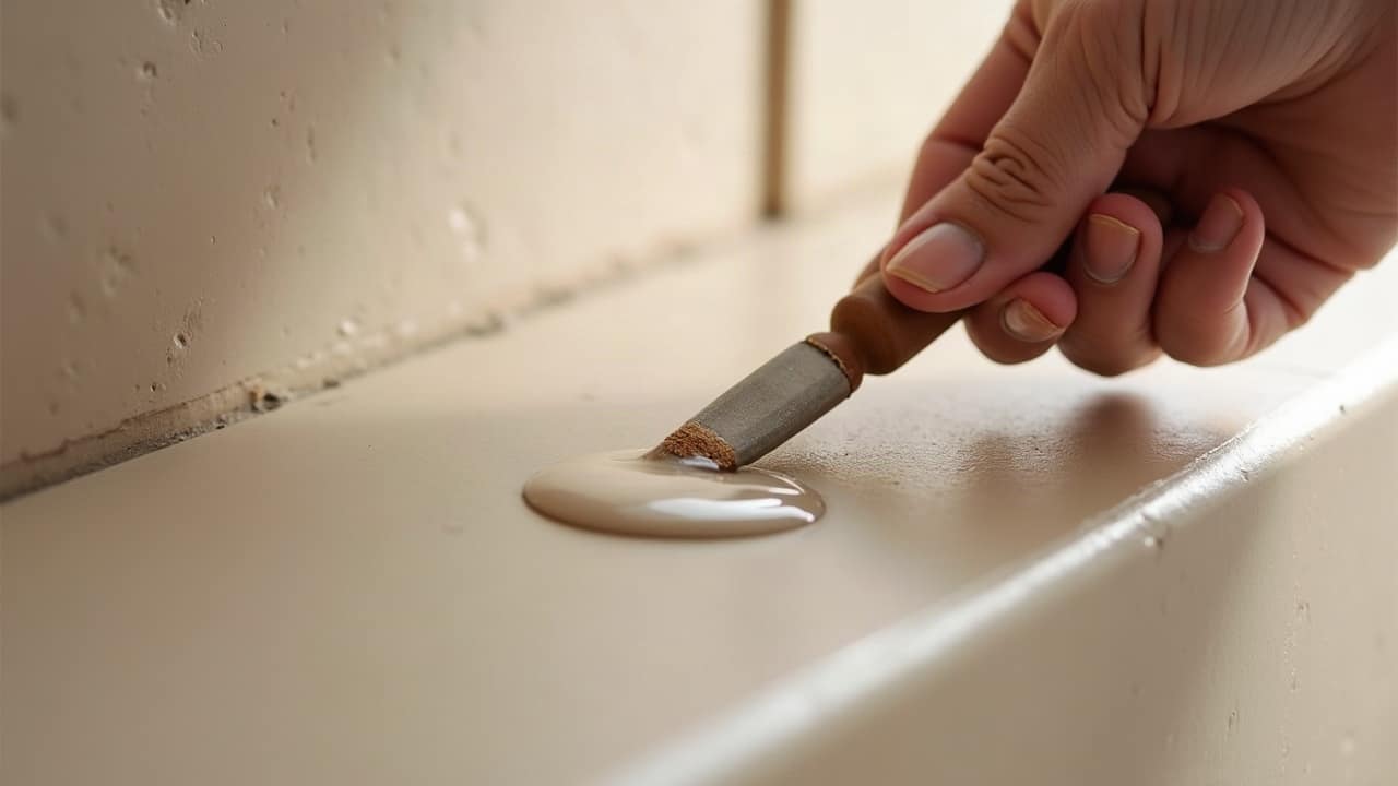Surface de béton ciré taupe en salle de bain avec quelques gouttes d'eau visibles près d'une vasque