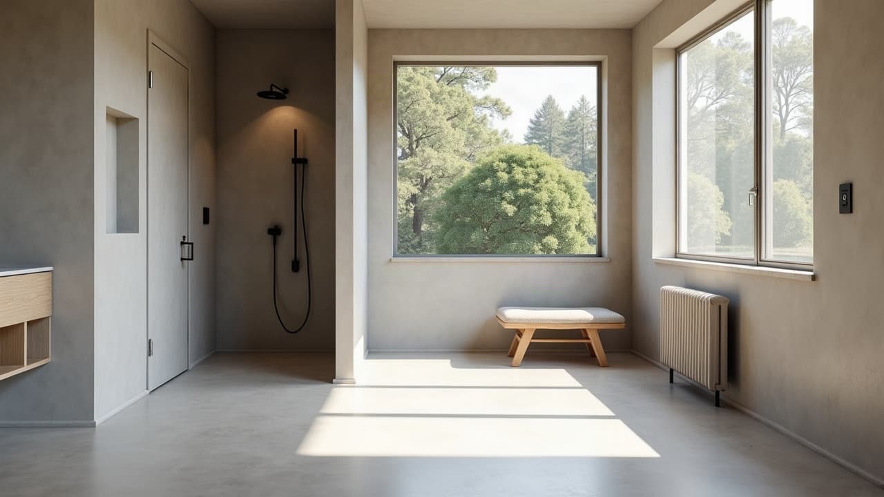 Angle de douche en béton ciré avec système d'étanchéité sous la finition, salle de bain toulousaine