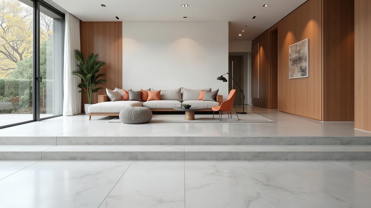 Intérieur contemporain au sol en béton ciré gris taupe
