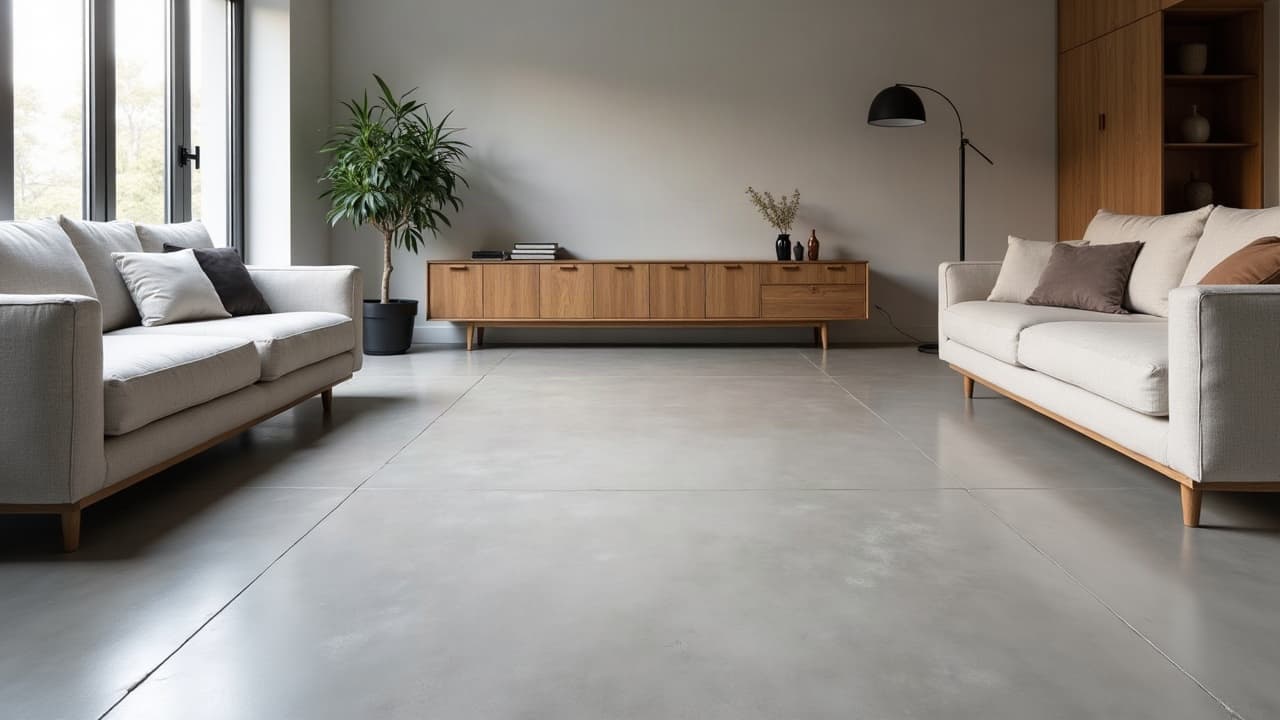 Sol en béton ciré dans un intérieur contemporain lumineux