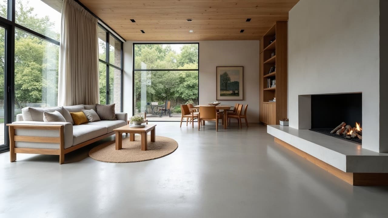 Espace de vie au sol en béton ciré, grande baie vitrée