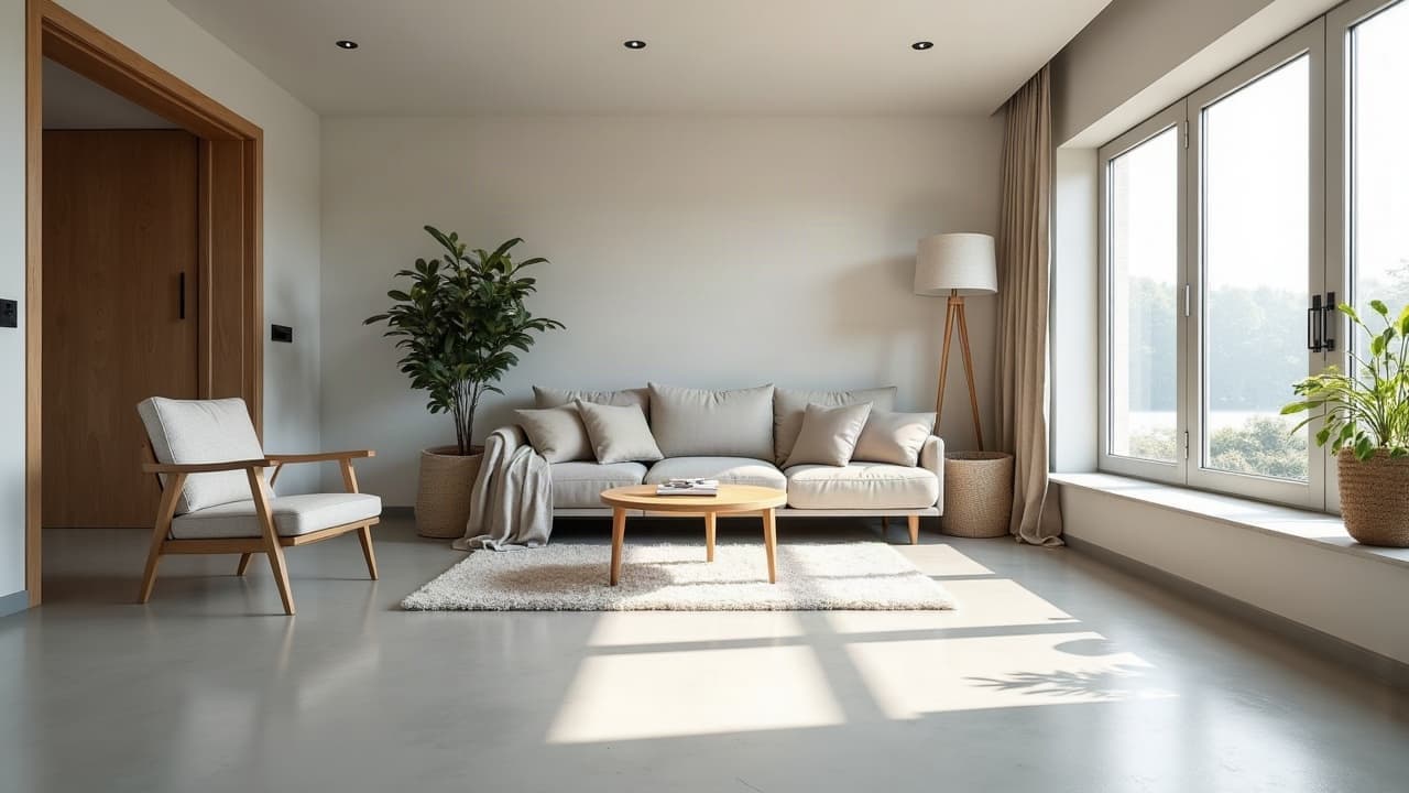 Séjour au sol en béton ciré, mobilier en chêne clair