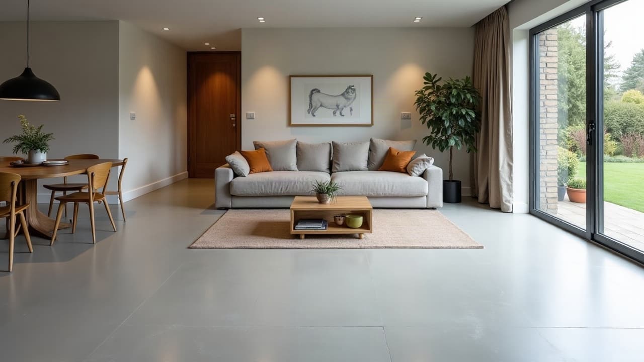 Sol en béton ciré continu dans une maison contemporaine