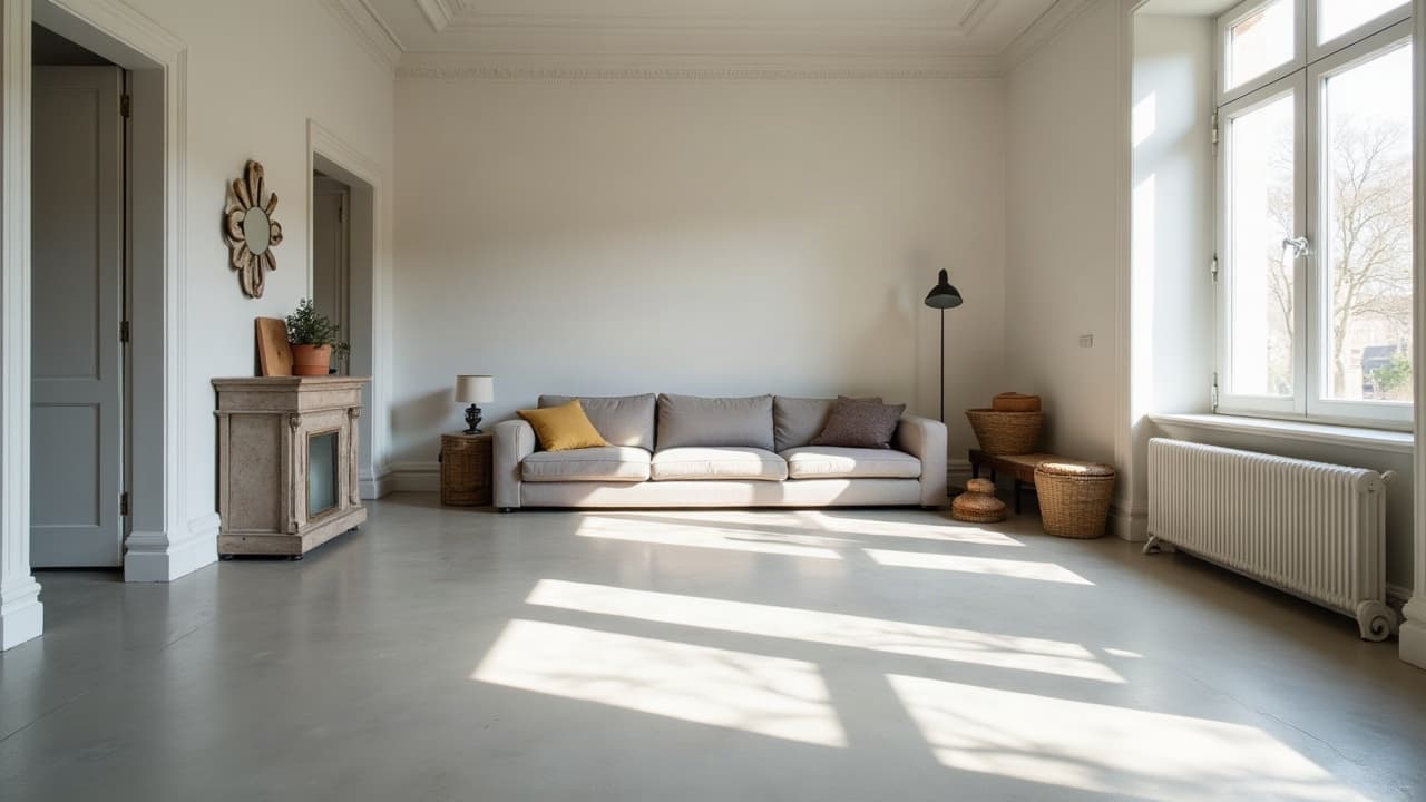 Pièce de vie au sol en béton ciré, parquet remplacé