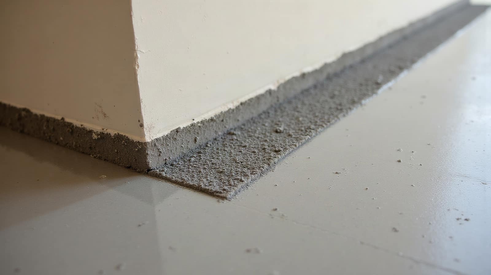 Détail d'une surface de sol en béton ciré fraîchement lissée, lumière chaude en arrière-plan hors mise au point