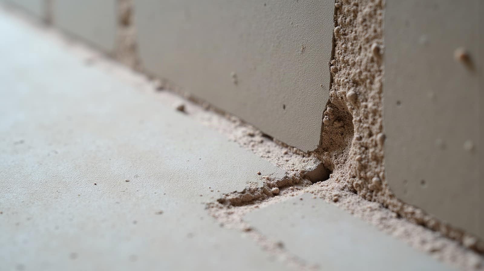 Vue rapprochée d'un angle de mur fini en béton ciré, jonction nette avec une zone de brique laissée apparente