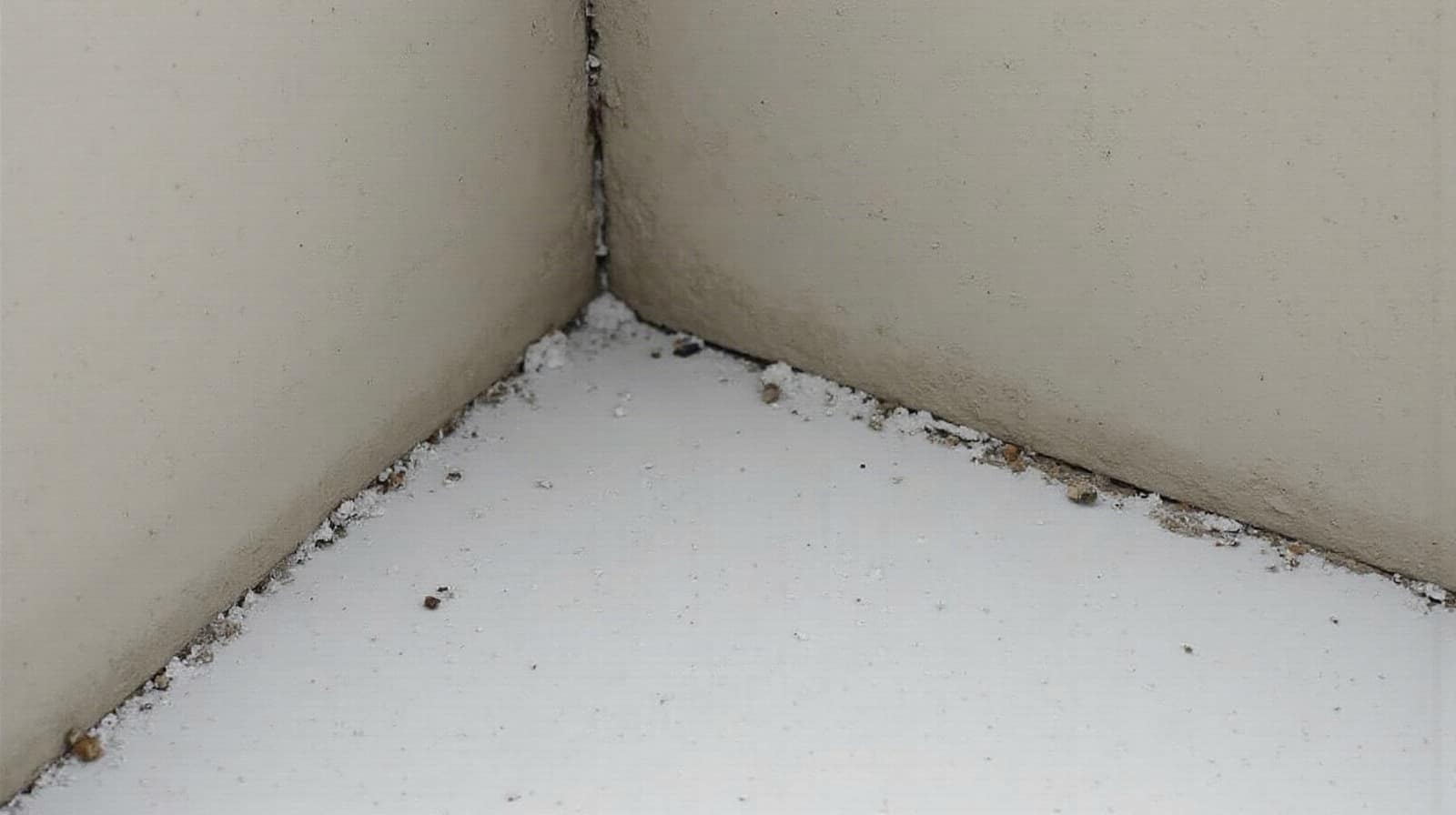 Vue rapprochée d'un angle de pièce en cours de rénovation, sol en béton ciré fini d'un côté et chape brute de l'autre