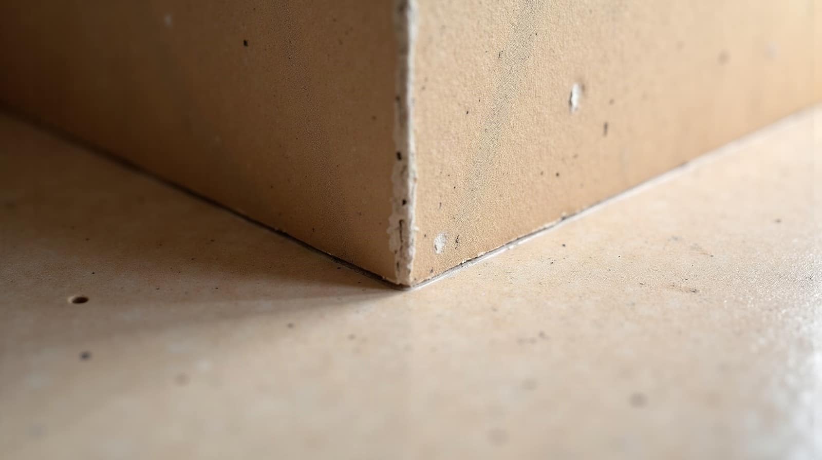 Détail d'une jonction entre un sol en béton ciré fini et un seuil de cuisine professionnelle, matière minérale visible