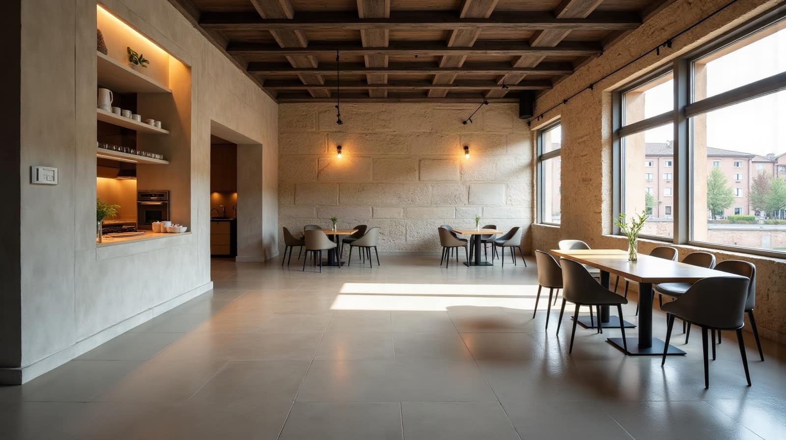 Vue rapprochée d'un sol en béton ciré fini dans une salle de restaurant vide, lumière naturelle, aucune personne visible