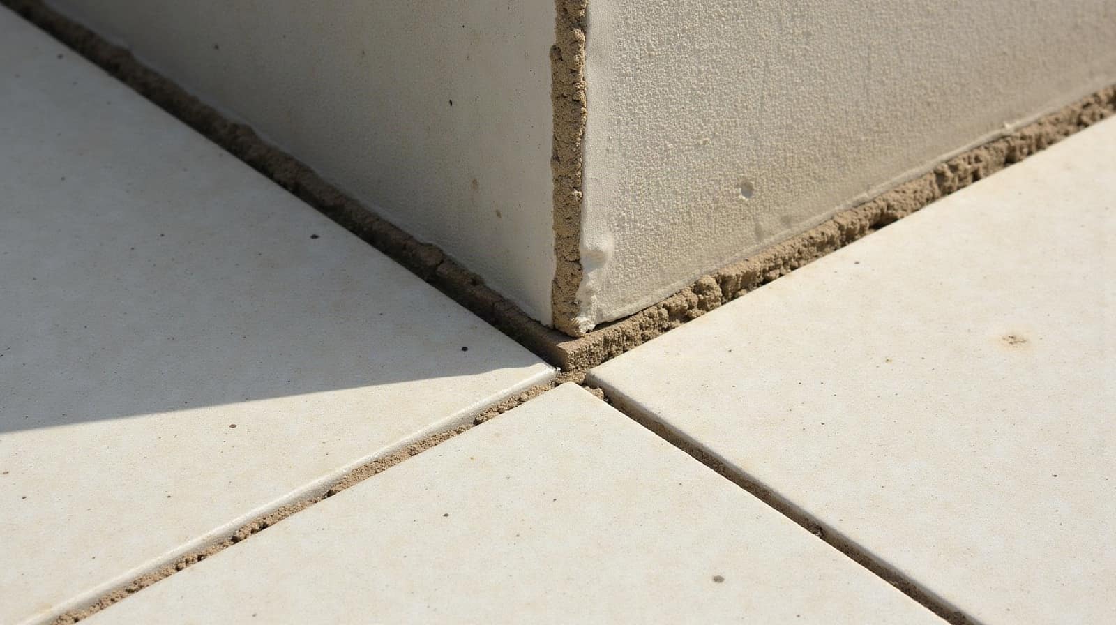 Détail d'une surface de terrasse en béton ciré, jonction nette avec une bordure de jardin, ombre portée marquée