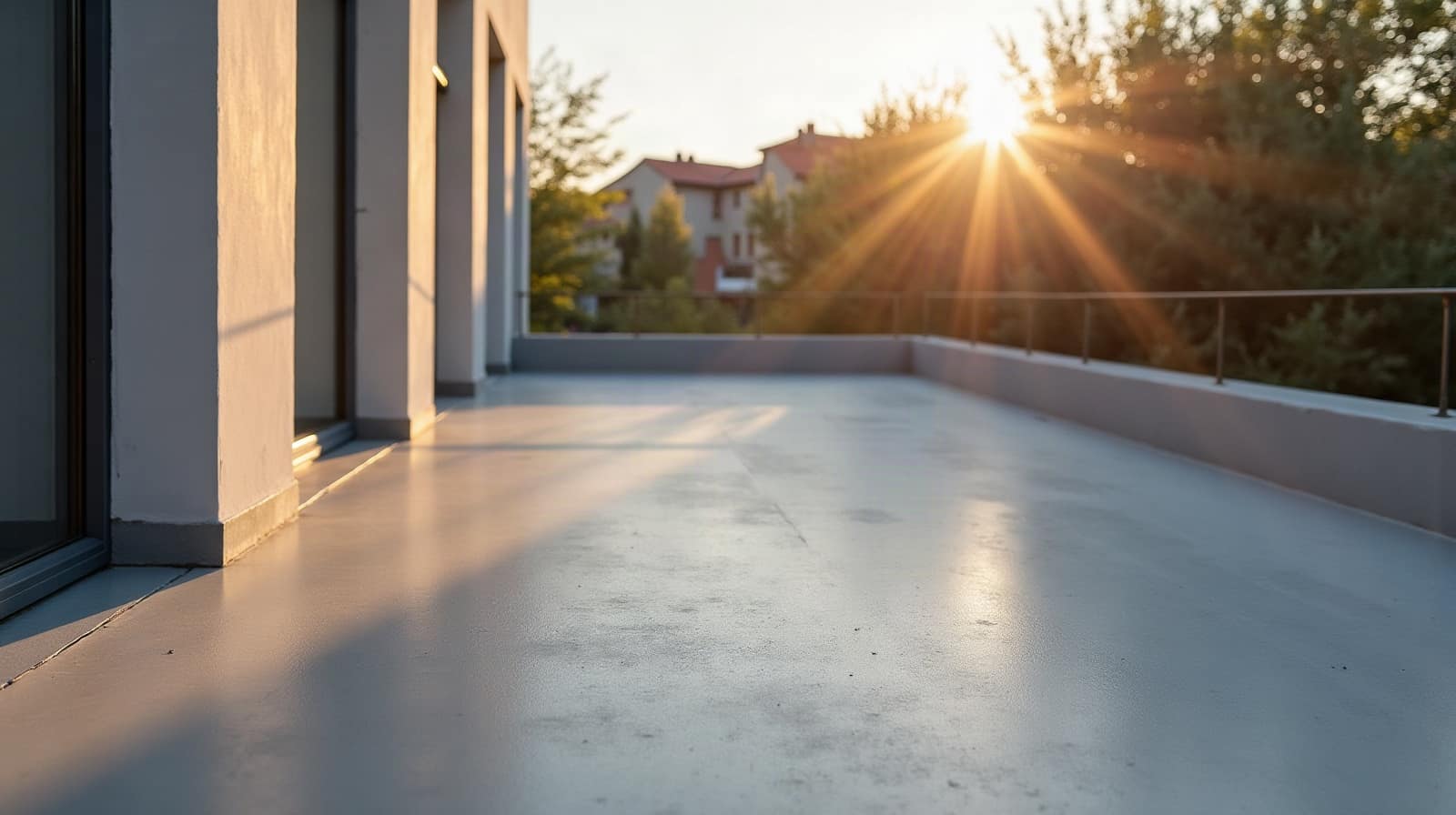 Vue rapprochée d'un angle de terrasse en béton ciré fini, matière minérale visible sous une lumière chaude de fin de journée
